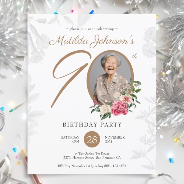 Budget Floral 90th Birthday Party Invitation (Budget Floral 90th Birthday Party Invitation)