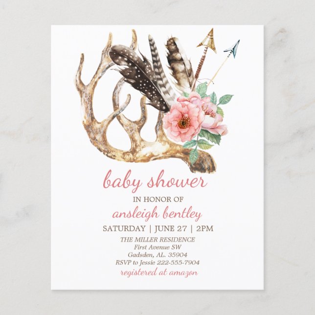 Budget Floral and Antler Baby Shower Invitation Flyer (Front)