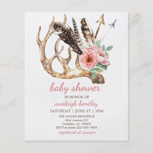 Budget Floral and Antler Baby Shower Invitation Flyer