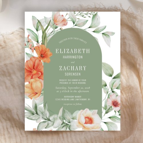 Budget Floral Arch Sage Peach Wedding Invitation