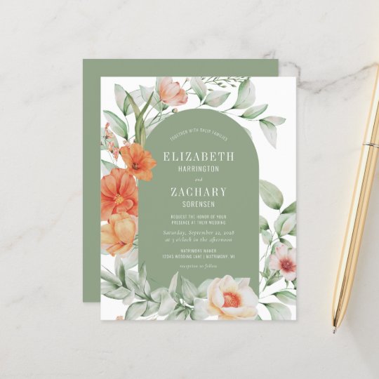 Budget Floral Arch Sage Peach Wedding Invitation | Zazzle.com