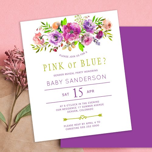 Budget floral baby gender reveal party invitation