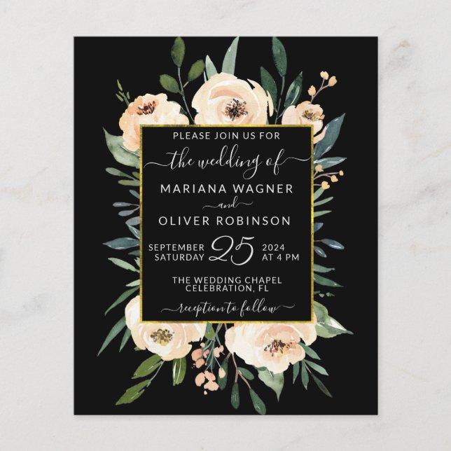 Budget Floral Beige Gold Black Wedding Invitation (Front)