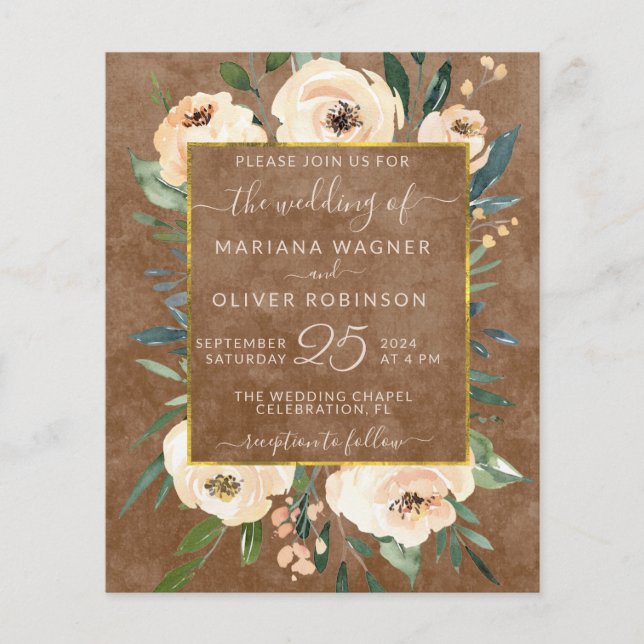Budget Floral Beige Gold Brown Wedding Invitation Flyer (Front)