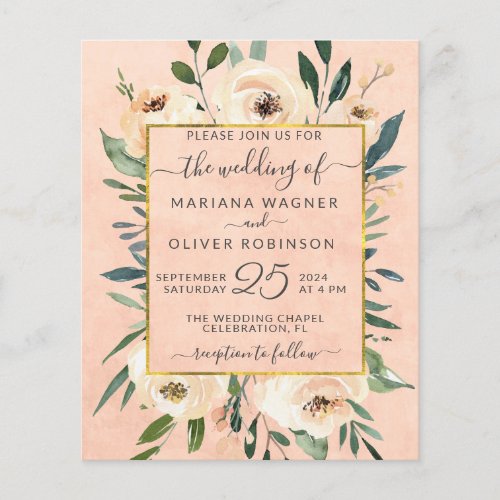 Budget Floral Beige Gold Pink Wedding Invitation Flyer