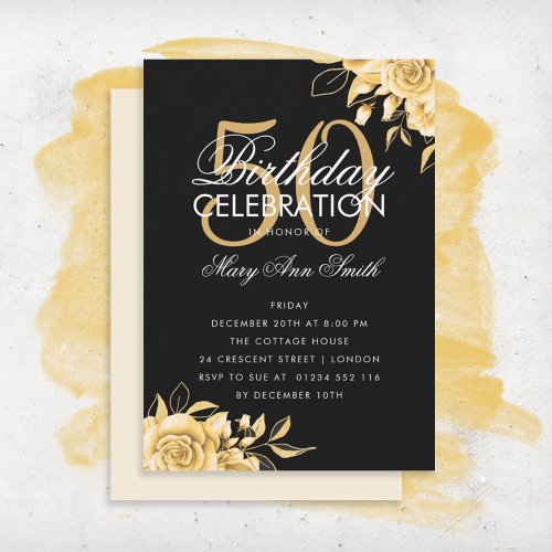 Budget Floral Birthday Elegant Gold  Black Invite