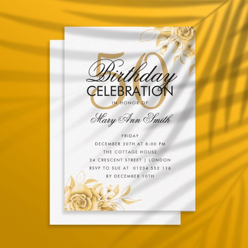 Budget Floral Birthday Elegant Gold Invite