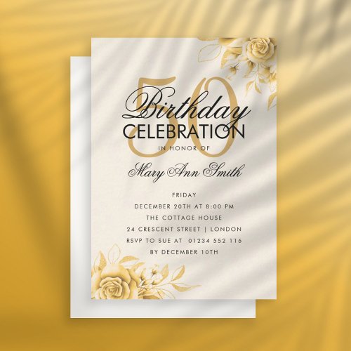 Budget Floral Birthday Elegant Gold Invite Cream