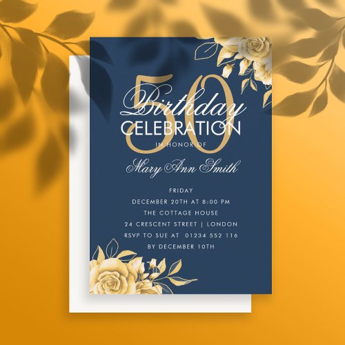 Budget Floral Birthday Elegant Gold  Navy Invite