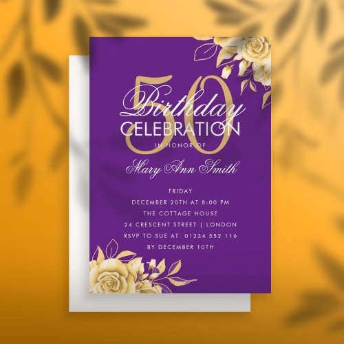 Budget Floral Birthday Elegant Gold Purple Invite