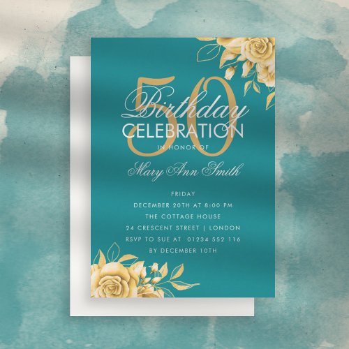 Budget Floral Birthday Elegant Gold  Teal Invite