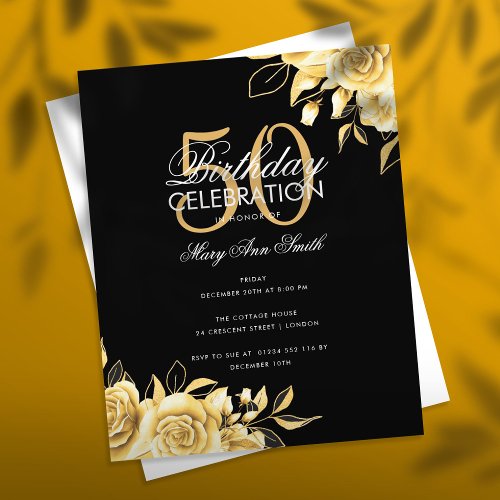 Budget Floral Birthday Party Elegant Gold  Black Flyer