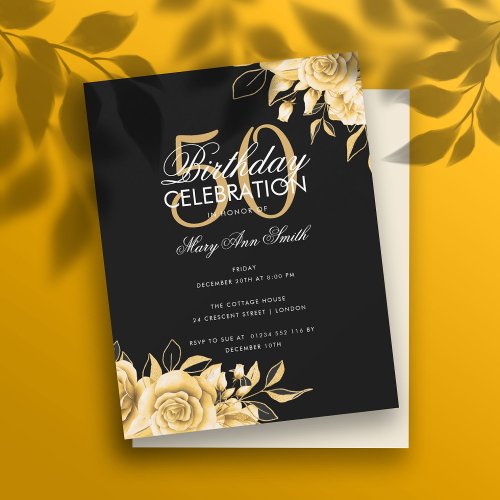 Budget Floral Birthday Party Elegant Gold  Black Invitation
