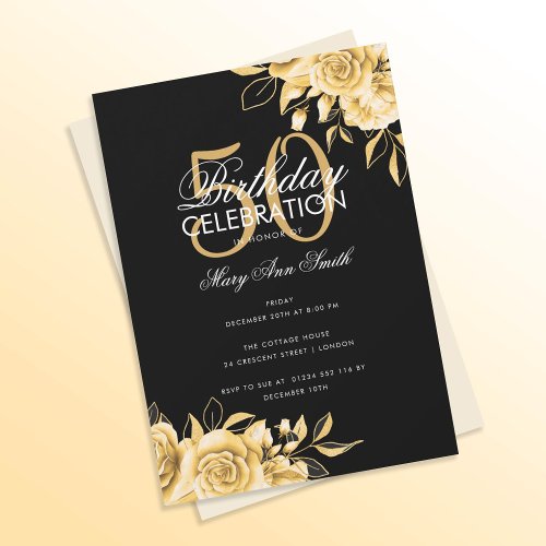 Budget Floral Birthday Party Elegant Gold  Black Invitation