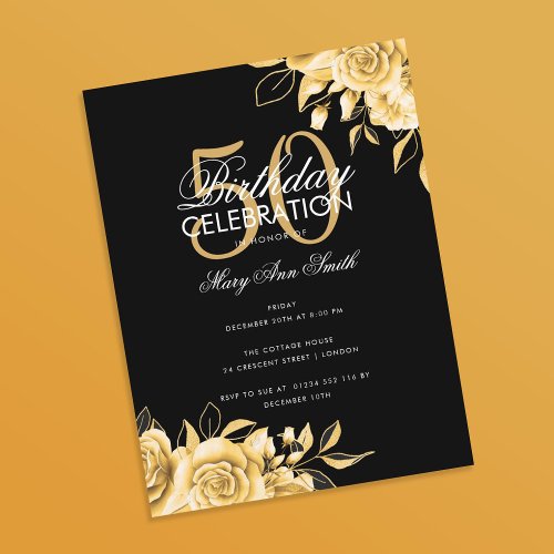 Budget Floral Birthday Party Elegant Gold  Black Postcard