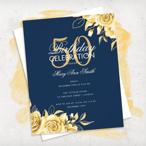 Budget Floral Birthday Party Elegant Gold  Navy Flyer