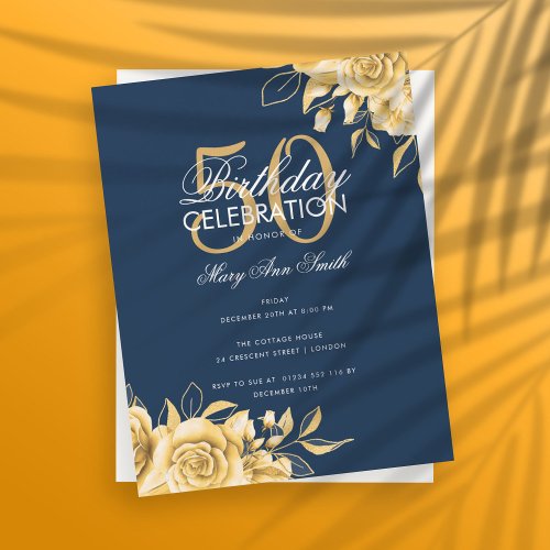 Budget Floral Birthday Party Elegant Gold  Navy Invitation