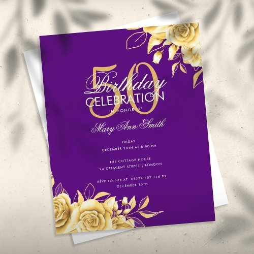 Budget Floral Birthday Party Elegant Gold  Purple Flyer
