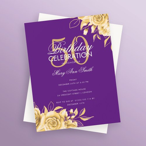Budget Floral Birthday Party Elegant Gold  Purple Invitation