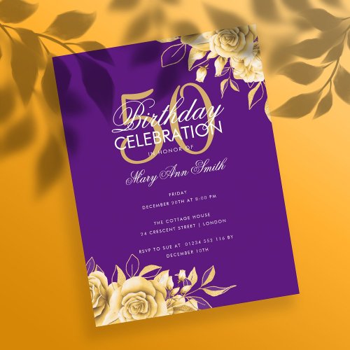 Budget Floral Birthday Party Elegant Gold  Purple Postcard