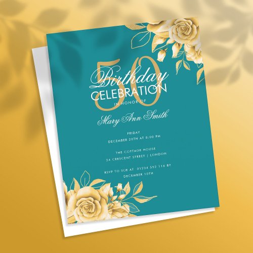 Budget Floral Birthday Party Elegant Gold  Teal 