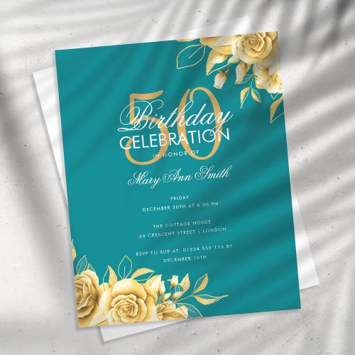 Budget Floral Birthday Party Elegant Gold  Teal  Flyer