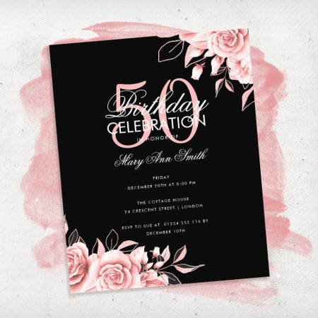 Budget Floral Birthday Party Rose Gold & Black Flyer