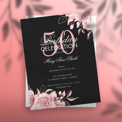 Budget Floral Birthday Party Rose Gold Black Invitation
