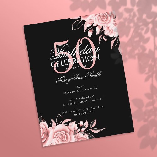Budget Floral Birthday Party Rose Gold  Black Postcard