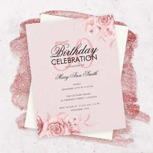 Budget Floral Birthday Party Rose Gold Blush Invitation