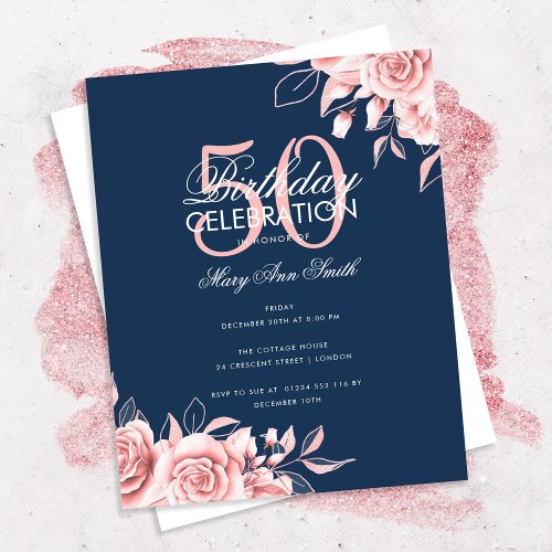 Budget Floral Birthday Party Rose Gold  Navy  Flyer