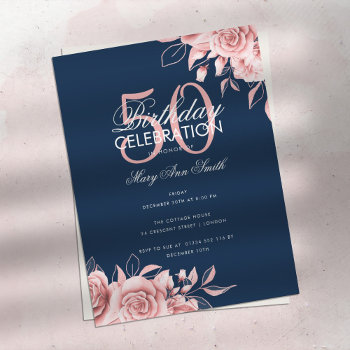 Budget Floral Birthday Party Rose Gold & Navy  Postcard by Rewards4life at Zazzle