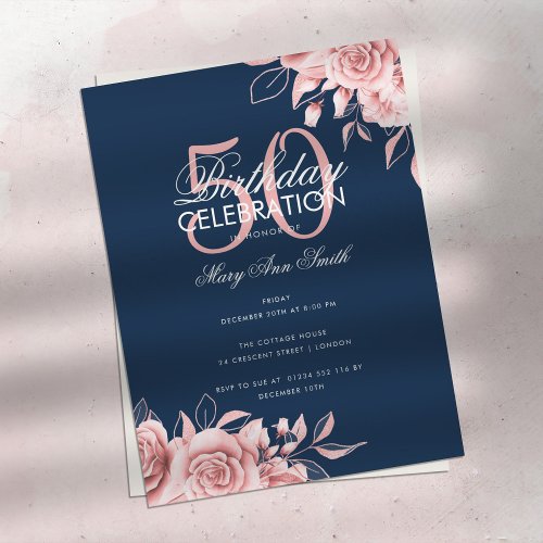 Budget Floral Birthday Party Rose Gold  Navy  Postcard