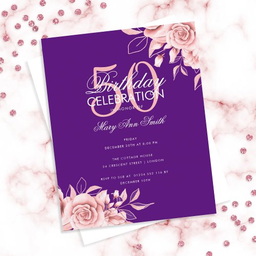 Budget Floral Birthday Party Rose Gold  Purple 
