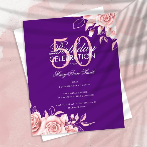 Budget Floral Birthday Party Rose Gold  Purple  Flyer