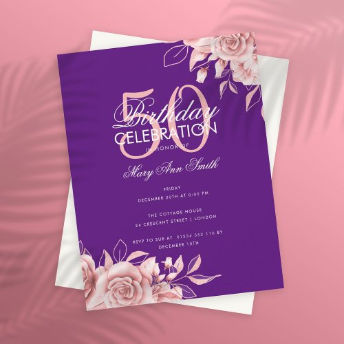 Budget Floral Birthday Party Rose Gold Purple  Invitation