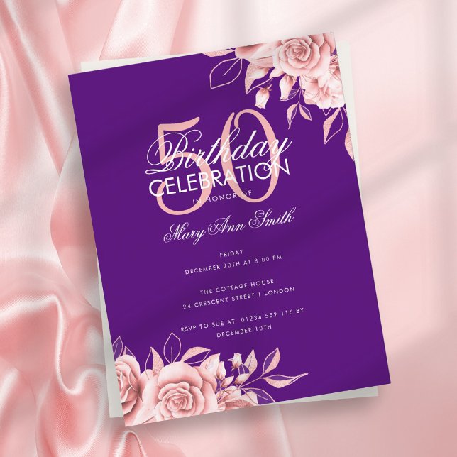 Budget Floral Birthday Party Rose Gold & Purple  Postcard (Creator Uploaded)