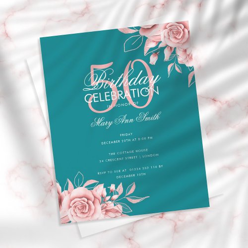 Budget Floral Birthday Party Rose Gold  Teal 