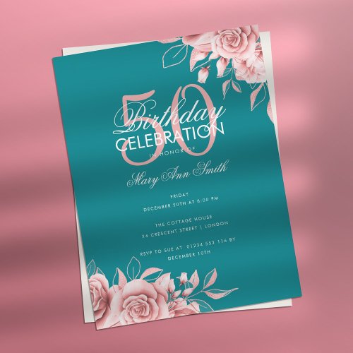 Budget Floral Birthday Party Rose Gold  Teal  Postcard