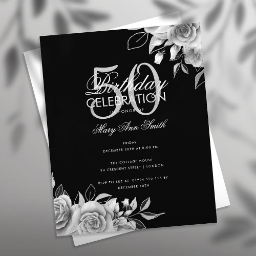 Budget Floral Birthday Party Silver  Black Flyer