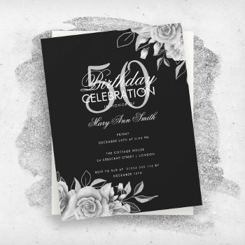 Budget Floral Birthday Party Silver Black Invitation by Rewards4life at Zazzle