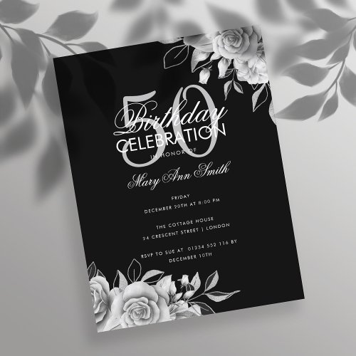 Budget Floral Birthday Party Silver  Black Postcard
