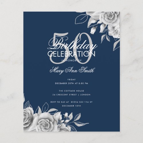 Budget Floral Birthday Party Silver  Navy  Flyer