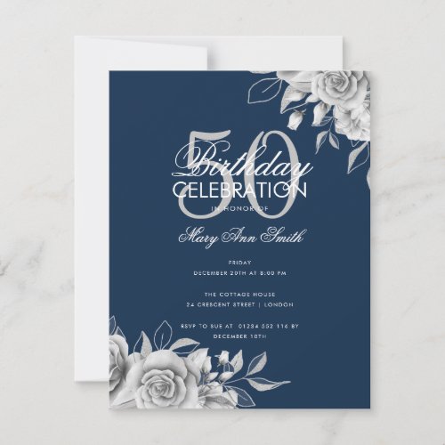 Budget Floral Birthday Party Silver Navy  Invitation