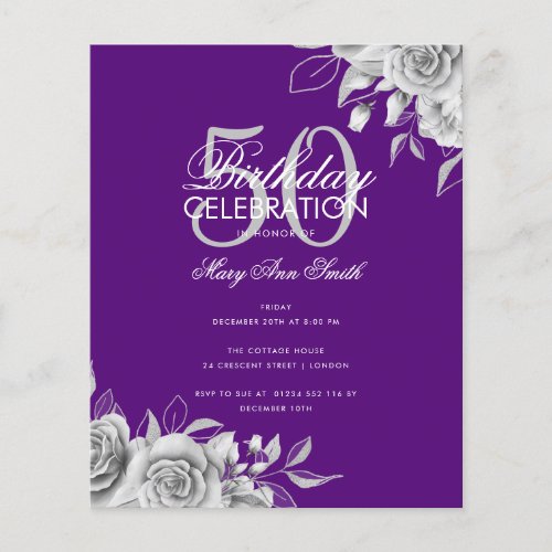 Budget Floral Birthday Party Silver  Purple  Flyer