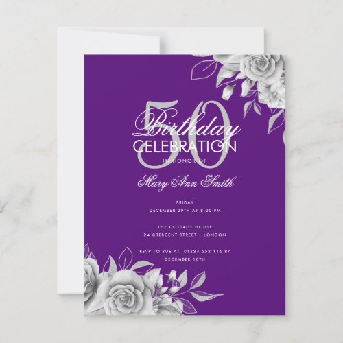 Budget Floral Birthday Party Silver Purple  Invitation