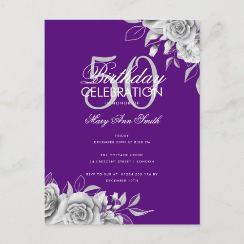 Budget Floral Birthday Party Silver  Purple  Postcard