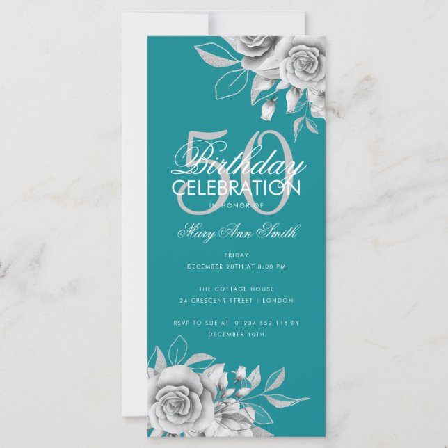 Budget Floral Birthday Party Silver Teal  (Front)