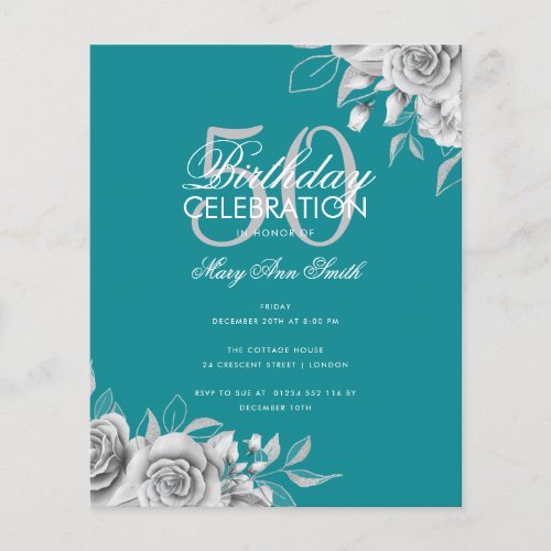 Budget Floral Birthday Party Silver  Teal  Flyer