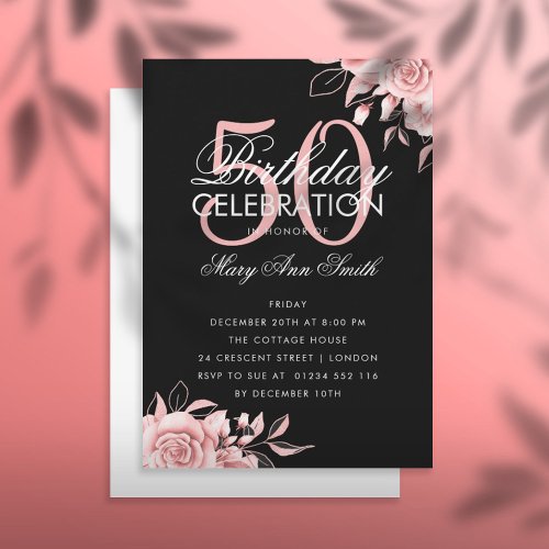 Budget Floral Birthday Rose Gold  Black Invite